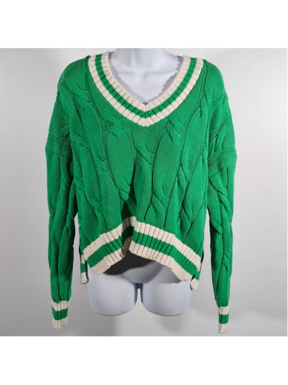 Aerie Women’s Large Cable Knit Cropped Sweater Oversized Collegiate Cotton